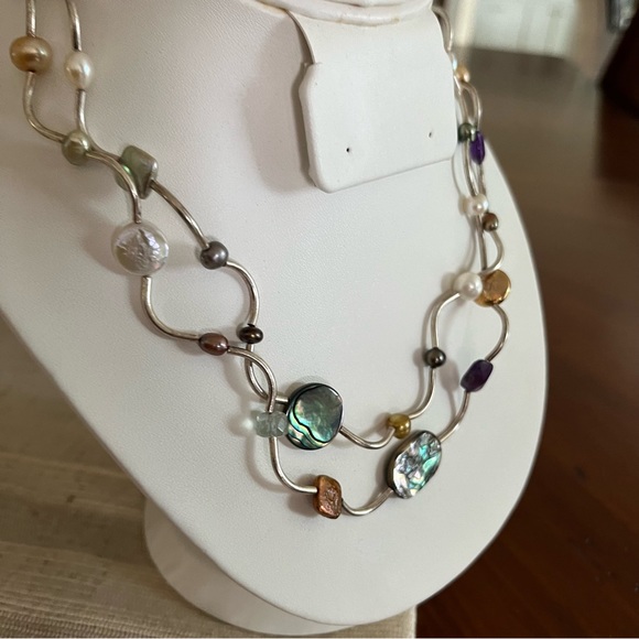 COIN PEARLS MOP MOTHER OF PEARL ARTY SILVER CURVED TWIST OOAK ARTISAN NECKLACE - Picture 6 of 9